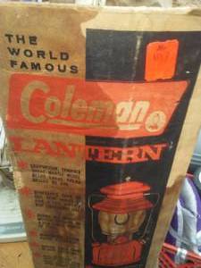 lot 117 image: Tackle box, fire extinguisher, Wayne sump pump fan, Coleman Lantern.