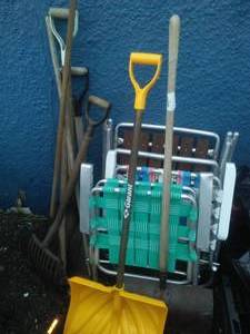 lot 131 image: Shovels lawn chairs & more.