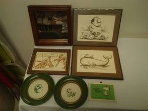 lot 140 image: Misc. Artwork & mirror. Snoopy, The Catch, The Jogger