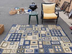 Char-Broil Portable Charcoal Grill, Patio Chair With Cushions 30 Wide X 24 Tall, Rug 90x63, Plastic Table 18x20