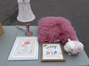 Pink Lamp, Fluffy Furry Pillow, Wall Decor, Pig Bank