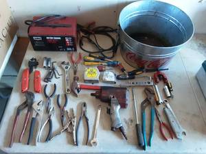 lot 2 image: Assorted Hand Tools, Air Impact, Battery charger, Coca Cola Tin Bucket