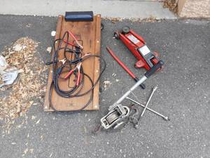 lot 27 image: Creeper, Jack, Tire Iron, Jumper Cables, Cable Wrench