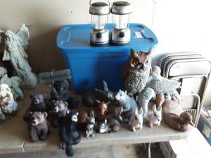 lot 29 image: Garden Statue, Bears, Rabbits, Squirrels, Ducks, Lantern, Tote With Lid