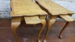 lot 42 image: Blonde Mahogany Side Table with Cocktail Pull Out, Pair