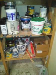 lot 512 image: Paint and Paint Supplies  some new (2 shelves)