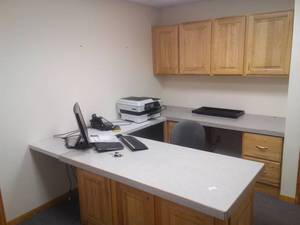 lot 550 image: Office Desk, chair, File Cabinets, Hickory Upper Cabinets, lower file drawers