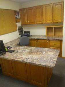 lot 551 image: Office Desk, oak base and upper cabinets, file and chair