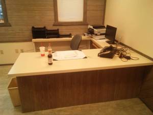 lot 557 image: Office Lateral file, desk, chair, countertop and shelves