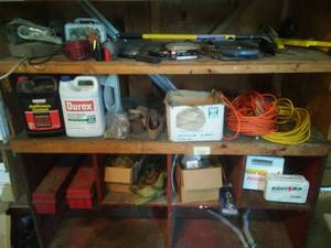 lot 630 image: Misc. hardware, extension cords, tools, shop.