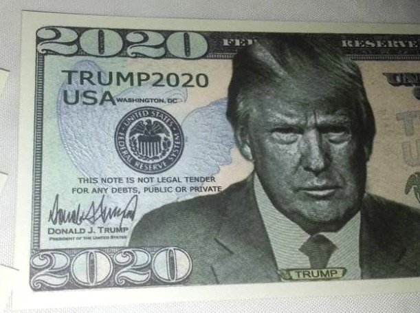 lot 341 image: 10 Trump 2020 dollars nonnegotiable actual size.