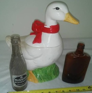 lot 479 image: Cookie jar, mission bottle & brown bottle.
