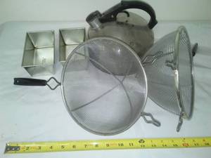 lot 482 image: 2 Large strainers, Revere ware teapot, Ecko Bread pans.
