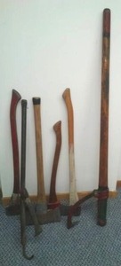 lot 369 image: 2 log rollers and 4 axes.