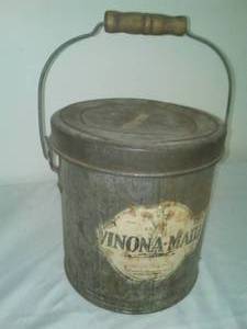 lot 374 image: Winona - Made 2 gallon pail with cover and handle.