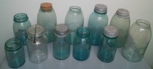 11 Ball Jars, Mason Blue & clear.