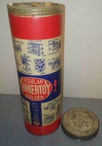 Vintage Tinkertoy can & contents, Regular.