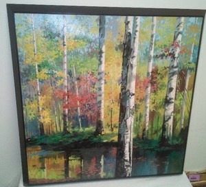 Water, leaves, Birch trees Artwork.