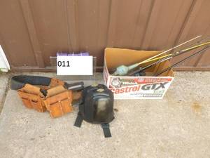 Box of rod & reels with work belt & knee pads. As shown.