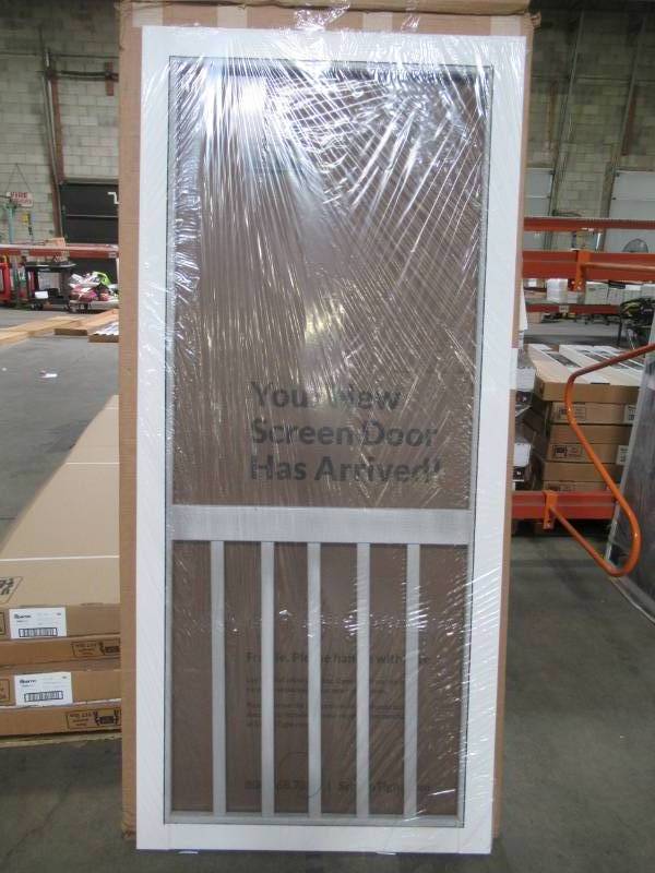 lot 605 image: Screen Tight 36 in. x 80 in. White Solid Vinyl 5-Bar Screen Door 5BAR36