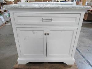 lot 120 image: Home Decorators Collection Windlowe 37 in. W x 22 in. D x 35 in. H Bath Vanity in White with Carrera Marble Vanity Top in White with White Sink 15101-VS37C-WT