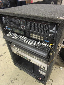 PEAVEY EQUALIZER, BOSE 802 CONTROLLER AND SPEAKERS, MACKIE MIXER, FEED BACK DESTROYER, PATCH BAY