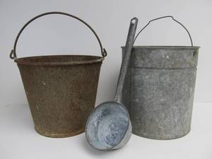 lot 178 image: Antique Galvanized etc Primitive Buckets wScoop