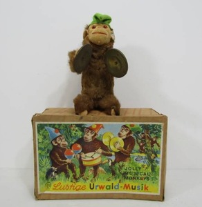 lot 104 image: Old Vintage West German Windup Jolly Musical Monkey Toy wOriginal Box