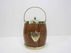lot 12 image: Antique Oak Tobacco Jar wSilverplated Hardware
