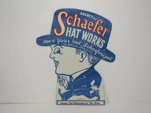lot 61 image: Orig Vintage 1920s SCHAEFFER HAT WORKS Diecut Cardboard Advertising Sign