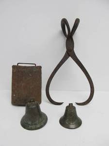 lot 140 image: Antique Bells & Cast Iron Ice Tongs