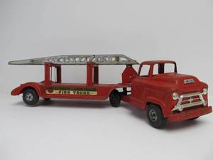 lot 152 image: Vintage BUDDY L Pressed Steel Ladder Trailer Fire Truck