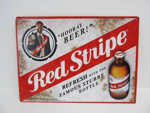 lot 208 image: Embossed Metal RED STRIPE Beer Sign