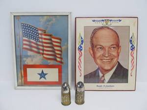 lot 215 image: Vintage WW2 Service Flag Litho - Eisenhower Patriotic Photo & Artillery Shell S&ampP Shakers