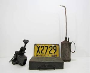 lot 254 image: Group wGolden Rod Oil Can Military First Aid Box Vise & 1948 MN License Plate