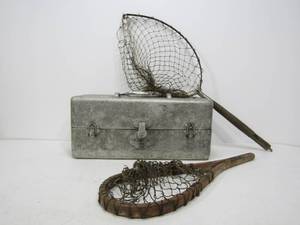 lot 260 image: Vintage Metal Fishing Tackle Box w 2 Nets