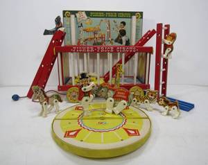lot 263 image: Vintage FISHER PRICE CIRCUS Wagon Pull-Toy wMany Accessories