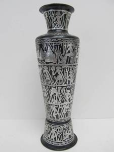 lot 79 image: Old Vintage Egyptian Cairoware Silver Overlay Black Enameled BrassCopper Vase