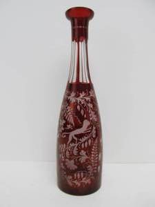 lot 111 image: Antique Bohemian Cranberry Cut-to-Clear Glass Decanter wMonkey Motif