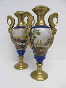lot 112 image: Beautiful Large Hand Painted Limoges Porcelain Swan Handled Vases