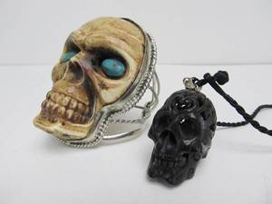 lot 117 image: Carved Skull Pendant wLARGE Silverplated Skull Cuff Bracelet