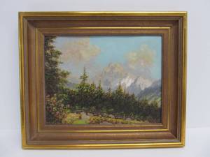 lot 124 image: Framed Vintage 1930s Swiss Mountains Landscape Oil Painting by Kurt Vukovic