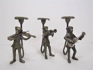 lot 288 image: Heavy Solid Brass Monkey Jazz Trio Figural Candle Stands