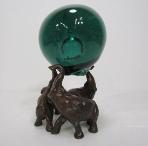 lot 289 image: Large Hand Blown Green Art Glass Ball on Elephant Stand