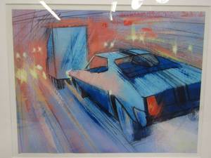 lot 316 image: Framed Vintage GALE HENDRICKSON Sports Car Driving Scene Illustration Painting