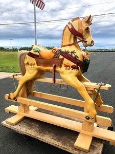 lot 1 image: Exceptional Artisan Made STEVENSON BROTHERS Carved Wood Large Carousel Rocking Horse - Noahs Ark Theme