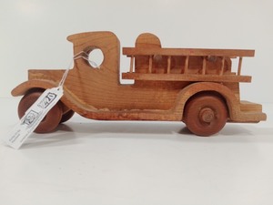 lot 220 image: Vintage Handcrafted Unpainted Wooden Fire Truck