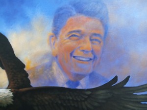 lot 260 image: 67 x 55  Original Oil on Canvas RONALD REAGAN Presidential Memorial Painting by Famous Artist Rick River-Man Brown