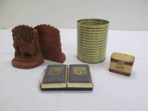 lot 114 image: vintage cards, vintage canister bookends