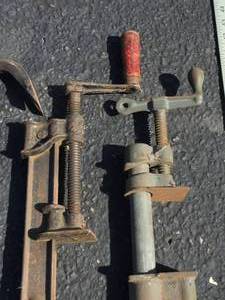 lot 158 image: Pipe Clamps, Pry Bar, Square, 5 Foot Straight Edge, and Yardsticks